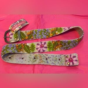 Pink Floral Embroidered Wool Belt